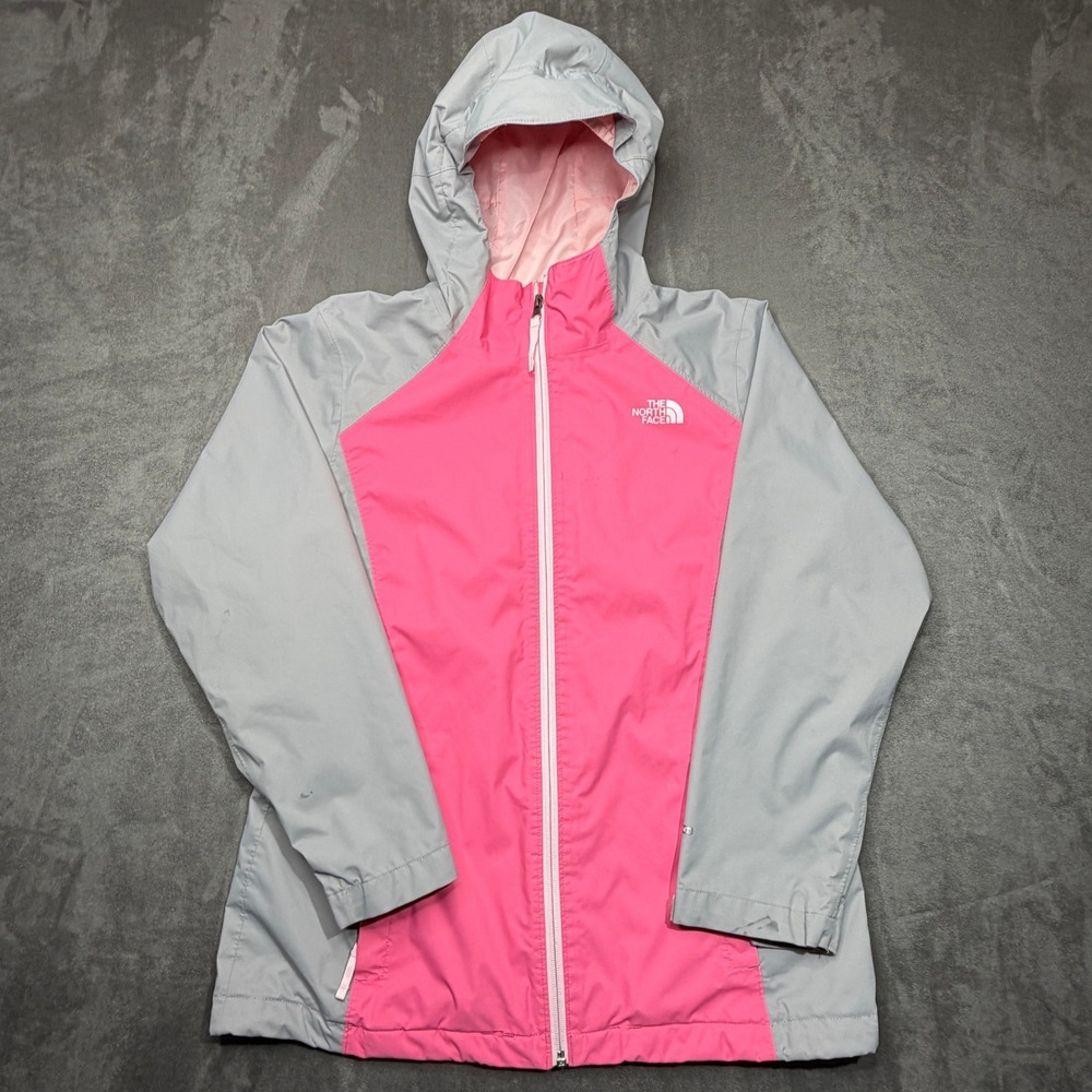 The North Face DryVent Rain Jacket Girls XL 18 Pink‎ Gray Hooded Full Zip Coat